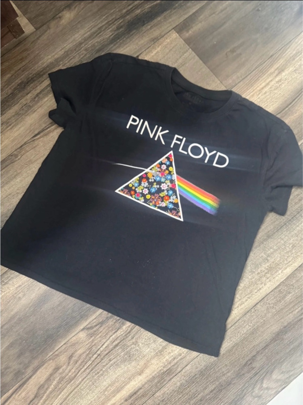 Pink Floyd Kids Black Tee with Rainbow Prism Floral Graphic